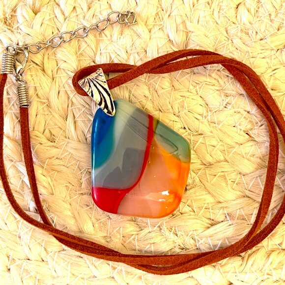 Peaches and Blues Beautiful Fused Glass Pendant Necklace - $4.99 Shipping - Picture 3 of 3